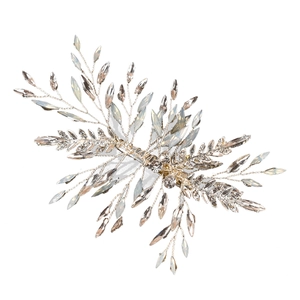 Barrette de mariage argentée avec cristaux marquise et pierres opales, motif de feuilles