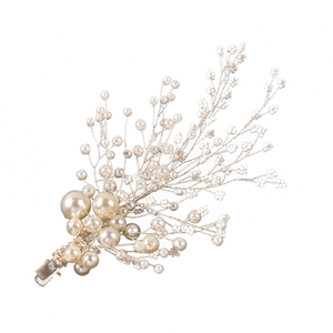 Barrette de mariée faite main avec perles et fleurs blanches en forme de branche