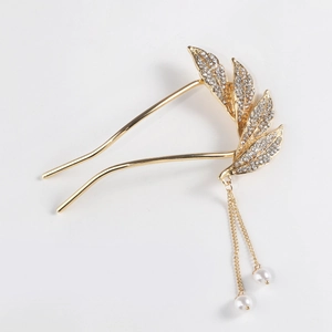 Minimalist U-shaped golden hair pin with rhinestone leaves and pearl tassels on white