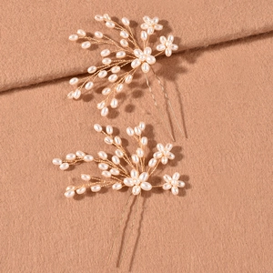 Lot de 2 épingles à cheveux de mariée avec fleurs de perles et fil d'or sur tissu