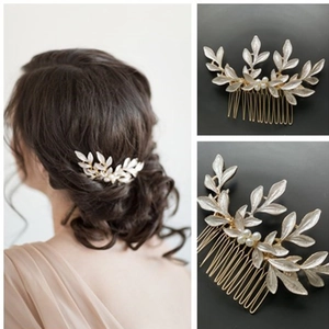 Elegante Pettine per Capelli da Sposa in Lega d'Oro con Foglie e Künstliche Perle Sintetiche Bianche Copricapo da Sposa Floreale per Donna