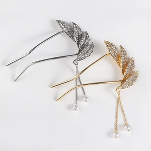 U-shaped metal hairpins with leaf design, rhinestones, and pearl tassels in gold and silver