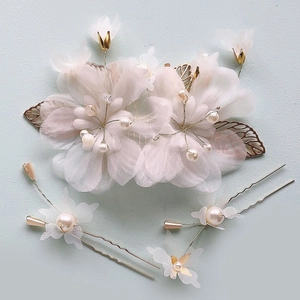 Pettine per Capelli da Sposa E Forcine Fiore in Chiffon Bianco Lega Oro Perla Artificial Strass Copricapo Fatto a Mano Donna
