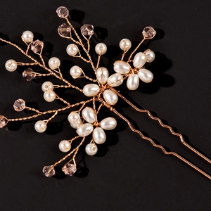 Épingle à cheveux de mariée en U avec cristaux roses et perles au design floral doré