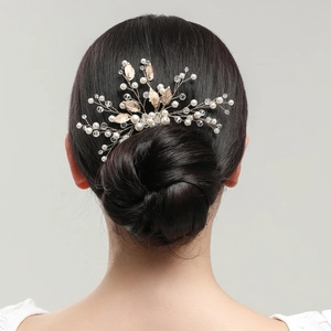 Handmade bridal hair comb with gold leaves, white pearls and crystals for wedding hairstyles