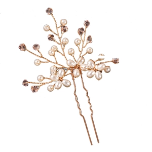 Épingle à cheveux de mariage en U avec cristaux roses et perles en fil doré floral