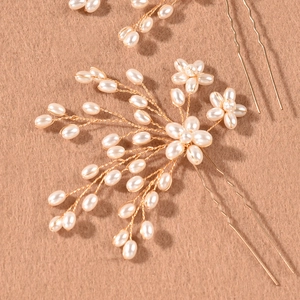 Set d'épingles à cheveux de mariée avec perles en fil de cuivre et fleurs dorées