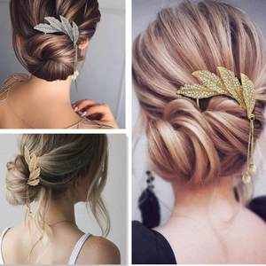 Vintage Alloy Rhinestone Leaf Hair Stick With Artificial Pearl Tassel U Shaped Hair Fork Elegant Bridal Hairpin For Women Jewelry