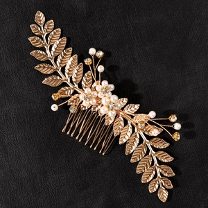 Peigne à Cheveux de Mariée en Feuille d'Or Strass Künstliche Perle Tocado de Mariage Élégant Bijoux de Cheveux Accessoires pour Femmes Mariée