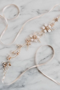 Exquisite bridal waist belt with fabric flowers, pearls and crystals on gold wire