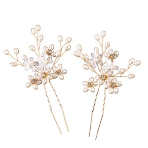 Juego de dos horquillas para novia hechas a mano con flores de perlas blancas y oro