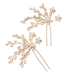 Lot de 2 épingles à cheveux de mariage avec perles et fleurs en fil de cuivre doré