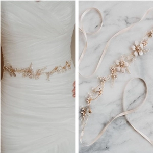 Handmade bridal belt with golden floral leaves, white pearls and crystals on silk ribbon