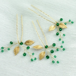 Detail of 3pcs set gold leaf hair pins with green crystal beads and pearl accents