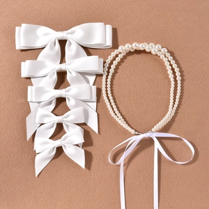 Bridal Hair Accessory Satin Bow Ribbon Hairclips Double Layer Faux Artificial Pearl Headband For Wedding Photography Women Elegant Headpiece