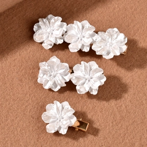 Set of 6 minimalist white camellia flower hair clips with golden metal duckbill base