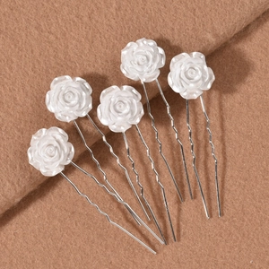 Detailed set of six white resin rose hair pins with wavy silver metal U-shaped prongs