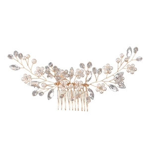 Peigne à cheveux fait main avec perles blanches et accents de cristal sur fil doré