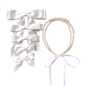 Elegant white satin bow set and double-layer pearl headband for bridal wedding photography