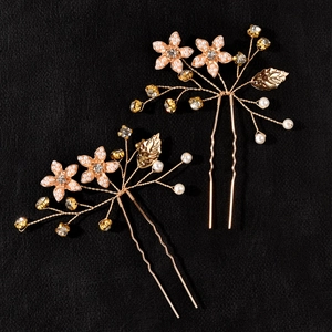 Élégante Épingle à Cheveux de Mariage Fleur Feuille Dorée Avec Künstliche Perles d'Imitation Strass En Forme de U Bijoux de Cheveux