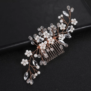 Peigne à cheveux fait main en or rose avec perles blanches et cristaux pour la mariée