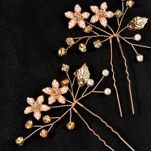 Paire d'épingles à cheveux de mariée dorées avec perles blanches et cristaux brillants