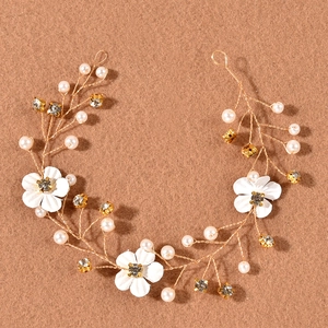 Gold bridal hair vine with white fabric flowers, pearls and rhinestones for wedding