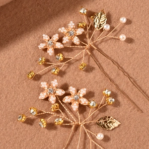 Lot d'épingles à cheveux de mariée avec fleurs en alliage doré, perles et strass