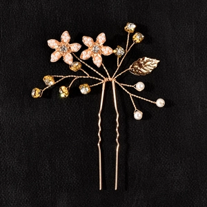 Épingle à cheveux de mariée dorée avec fleurs en cristal, perles et feuilles d'or