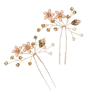 Set de 2 épingles à cheveux dorées de mariée avec fleurs roses, perles et cristaux