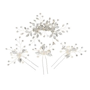 Elegant 4-piece bridal hair jewelry set with silver floral hairpins and crystal rhinestones