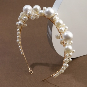 Elegant European style bridal headband with assorted white pearls on gold metal frame