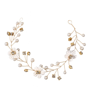 Elegant bridal hair vine with white fabric flowers, pearls, and crystals on gold wire