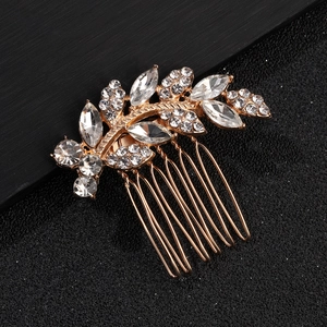 Elegante pettine per capelli da sposa in oro con strass a foglia e cristalli scintillanti