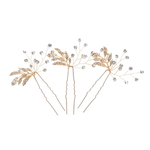 Lot de trois épingles à cheveux de mariée dorées avec feuilles et strass scintillants