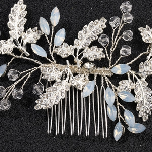 Elegant bridal hair comb with silver leaf design, rhinestones and marquise opal beads