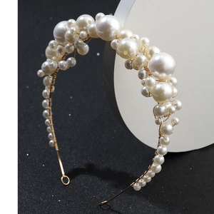 Vintage Elegant Artificial Pearl Bridal Headband Gold Alloy Wire Handmade Hair Hoop For Wedding Party Engagement Women Hair Accessories