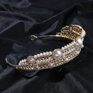 Couronne de mariée de luxe avec perles et strass double couche sur base alliage doré