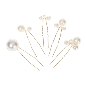 Set of six gold U-shaped hair pins with elegant white pearls for bridal and wedding styling