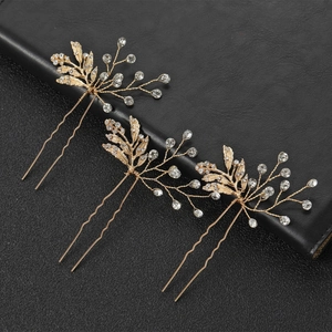 Set de 3 épingles à cheveux dorées avec feuilles et strass pour coiffure de mariée