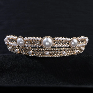 Couronne de mariée dorée de luxe avec double perles et strass scintillants pour mariages