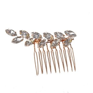 Elegant rose gold bridal hair comb with marquise rhinestone leaf pattern decoration