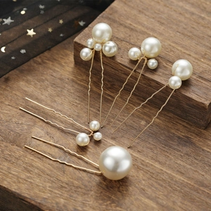 Five-piece gold U-shaped pearl hair pins set with elegant minimalist bead designs