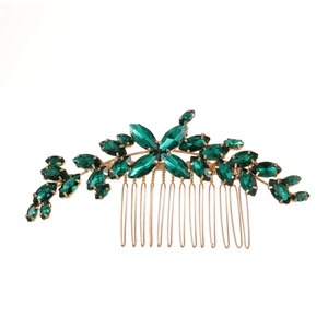 Elegante pettine da sposa dorato con cristalli marquise verde scuro e motivi floreali