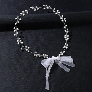 Handmade Artificial Pearl Bridal Hair Vine Elegant Silver Wire Woven Headband With Organza Ribbon Bow Wedding Waist Chain For Women