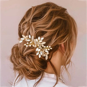 Elegant Alloy Leaf Bridal Hair Comb With Rhinestones Faux Artificial Pearls Handmade Wedding Headpiece For Women Banquet Party Jewelry