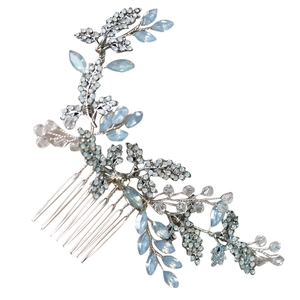 Elegant bridal hair comb with silver metal floral leaves and blue marquise gemstones