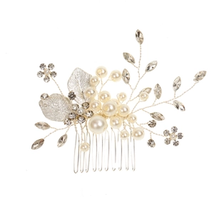Handmade silver leaf hair comb with pearls and rhinestones for flower girls and dancers