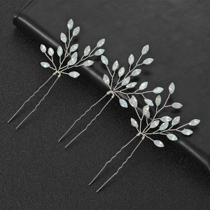 Three-piece silver hair pin set with white leaf beads and branch design for women