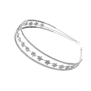 Elegant silver bridal headband with three-tier rhinestones and small floral patterns